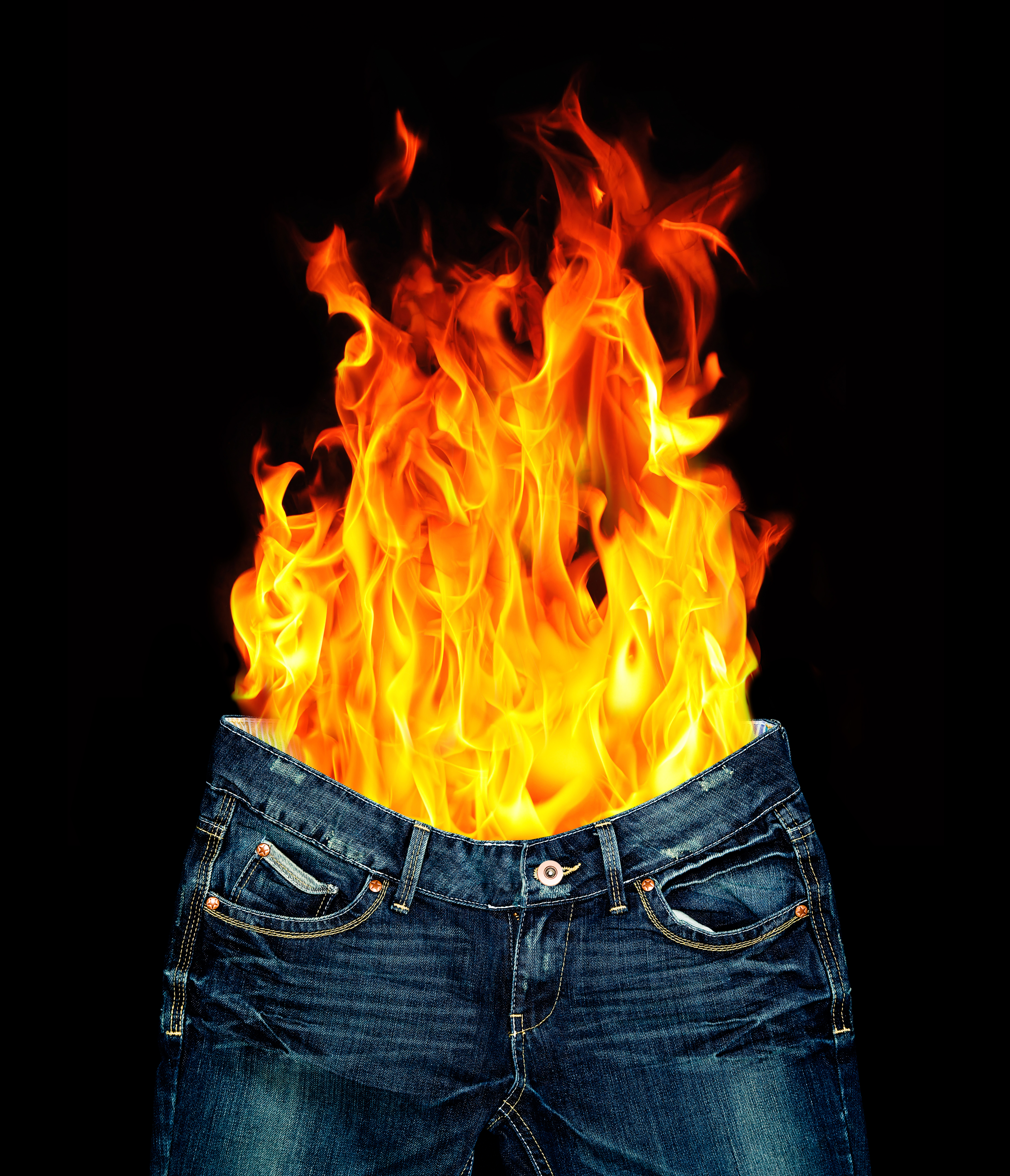 A pair of denim jeans is depicted with orange and yellow flames emerging from the waist, suggesting the phrase "liar, liar, pants on fire."