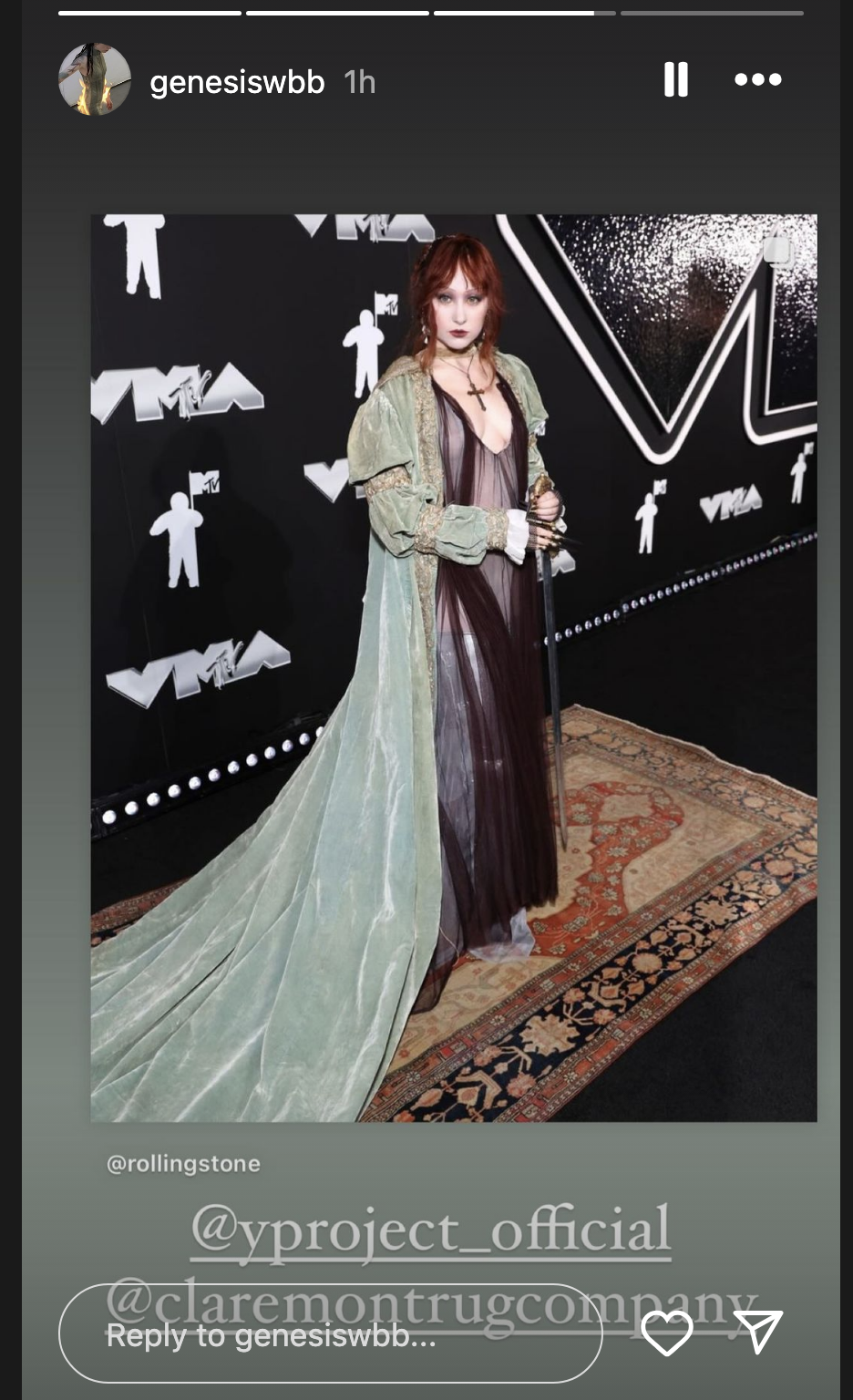 Genesis Webb's Insta story of Chappell's outfit, reposted from Rolling Stone with other accounts tagged