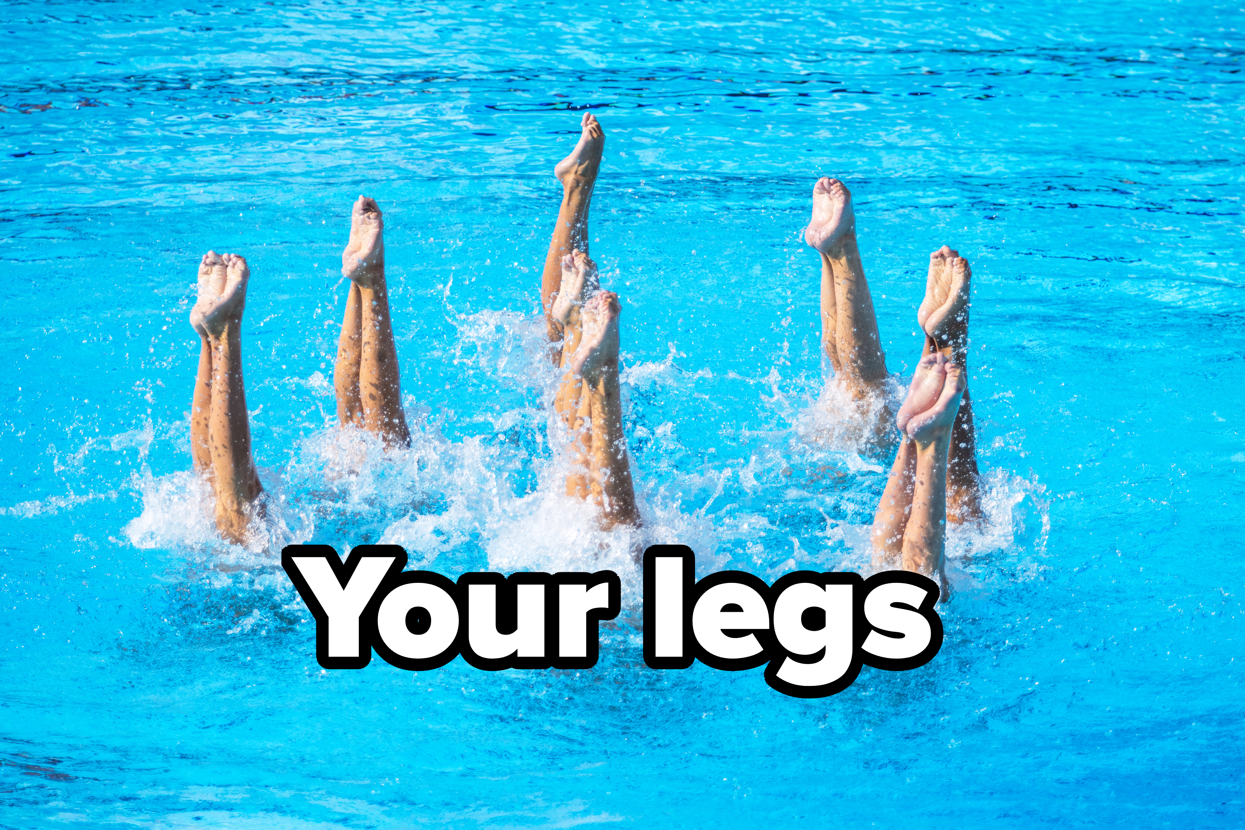Synchronized swimmers performing a routine, six pairs of legs vertically above water in a pool