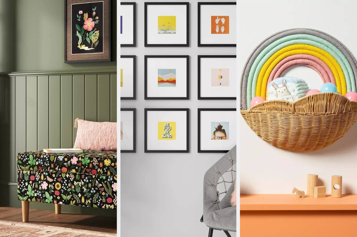 A room with floral furniture, framed art on an accent wall, and a wicker basket holding baby items on shelves. Ideal for chic and modern home decor shopping
