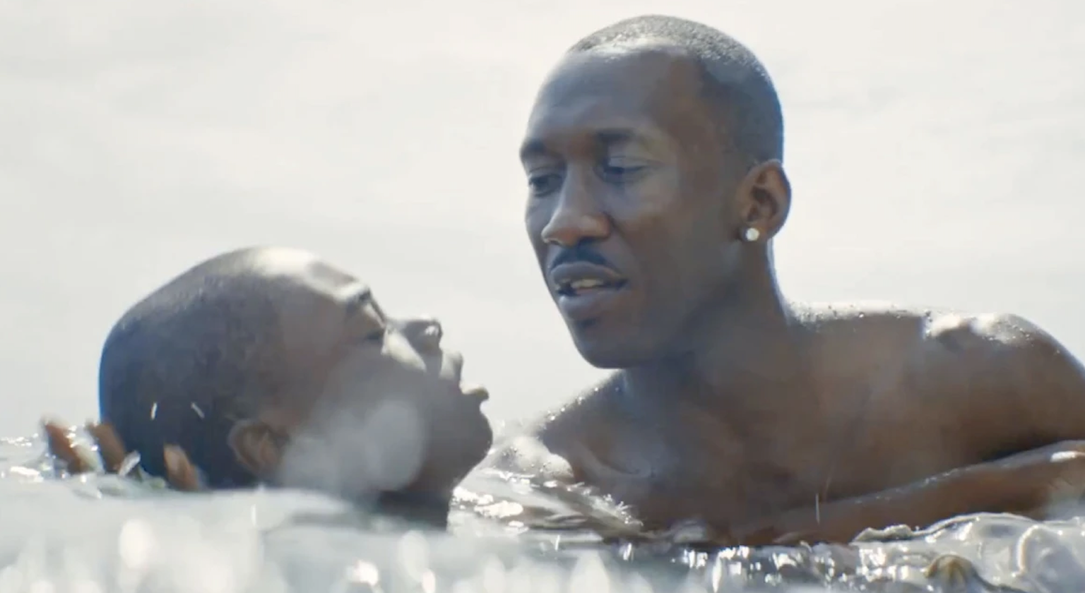 Mahershala Ali supports Alex Hibbert in water in a scene from "Moonlight."
