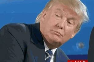 Donald Trump in a suit and tie, looking to the side, with a caption "LIVE" at the bottom corner