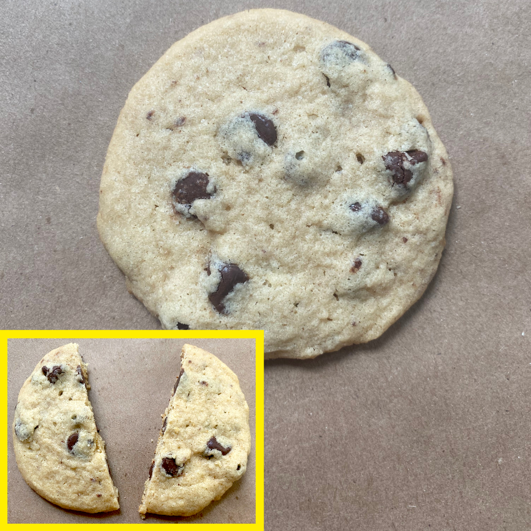A chocolate chip cookie is shown whole, with an inset image of the same cookie broken in half