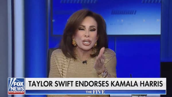 Jeanine Pirro gesturing while speaking on Fox News with the overlaid headline &quot;Taylor Swift Endorses Kamala Harris.”