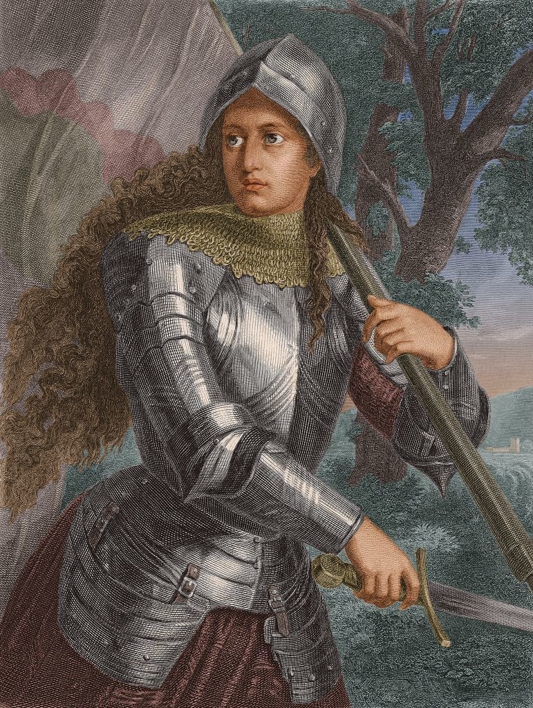 Joan of Arc illustration in armor, holding a sword, with a flag on her shoulder, set against a forest backdrop