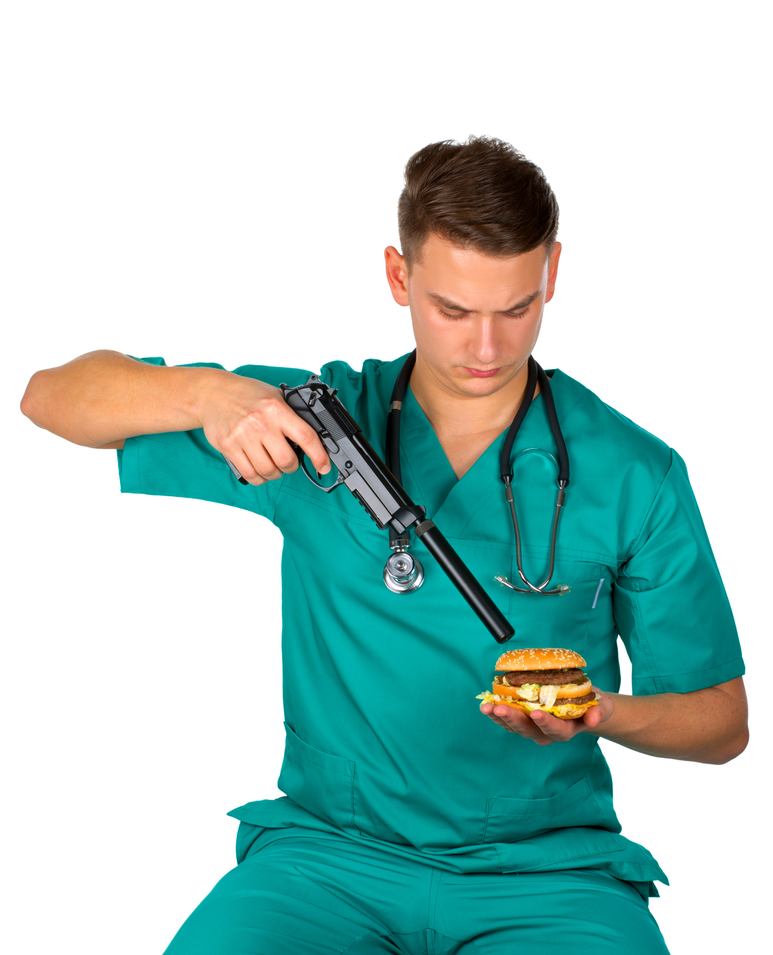 A person dressed in green medical scrubs holds a burger in one hand and a medical device, resembling an IV pump, in the other, pointed at the burger