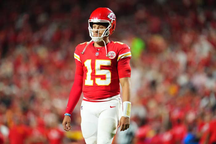 Patrick Mahomes in a football uniform on the field during a game