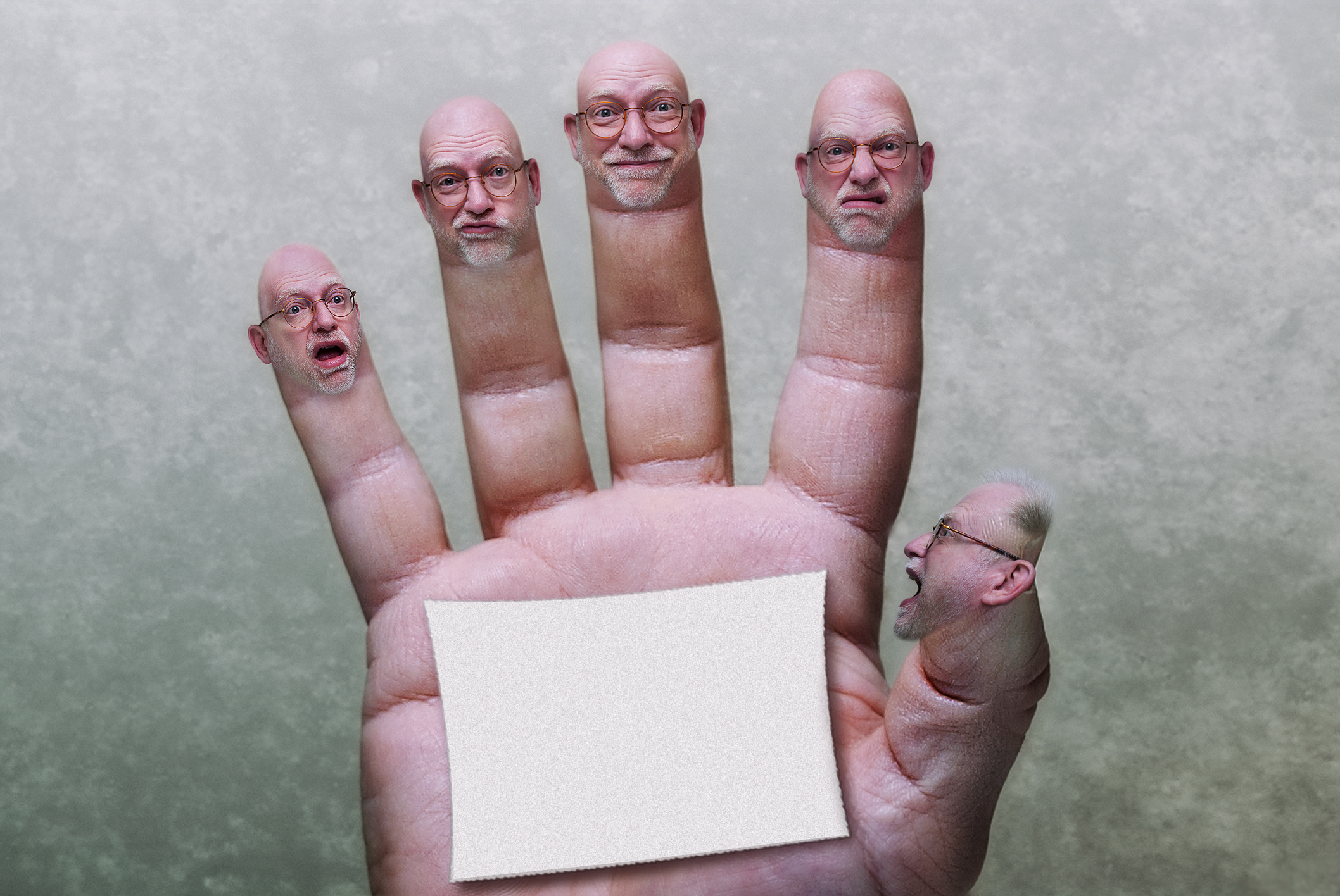 A hand with realistic faces on each fingertip, all appearing to be the same bald man with glasses, showing different expressions. Blank card in the palm