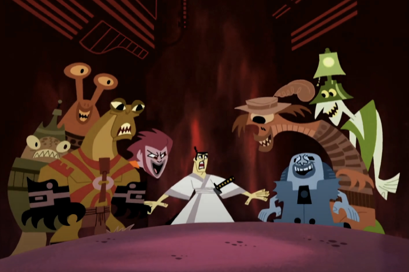 Samurai Jack surrounded by various villains on &quot;Samurai Jack&quot; TV show
