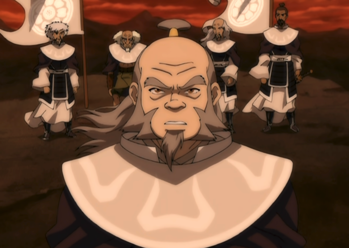 Animated scene featuring Uncle Iroh and Fire Nation soldiers from &quot;Avatar: The Last Airbender.&quot; Uncle Iroh, in front, appears serious. Soldiers hold banners in the background