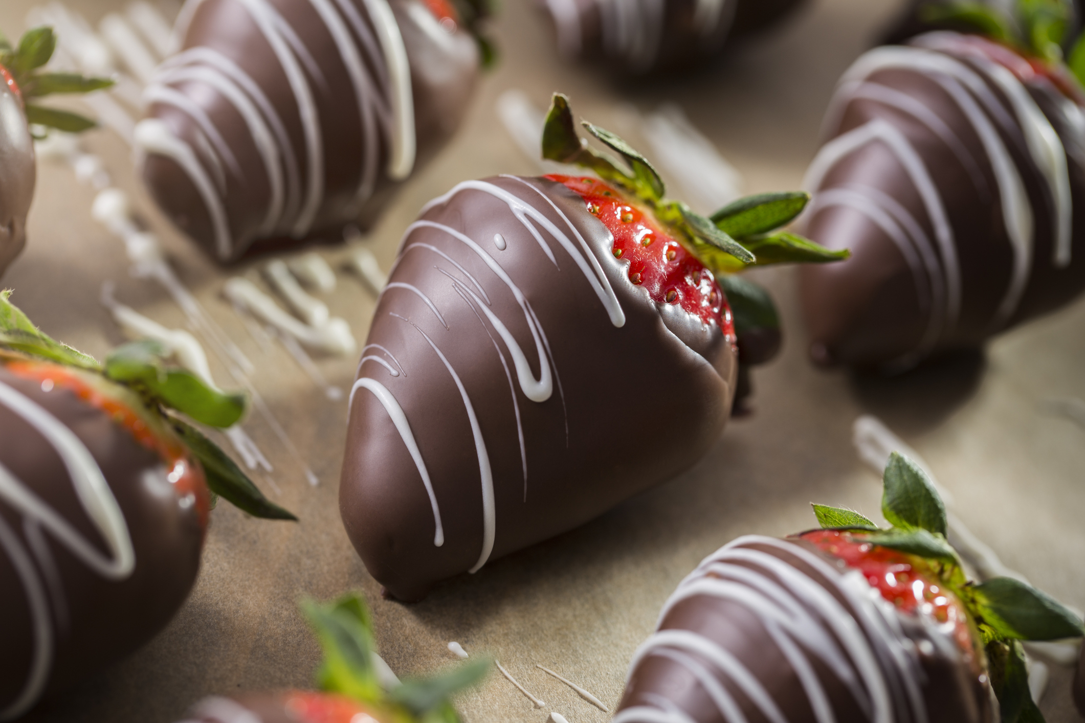 Close-up of several chocolate-dipped strawberries adorned with thin white chocolate drizzle, sitting on parchment paper