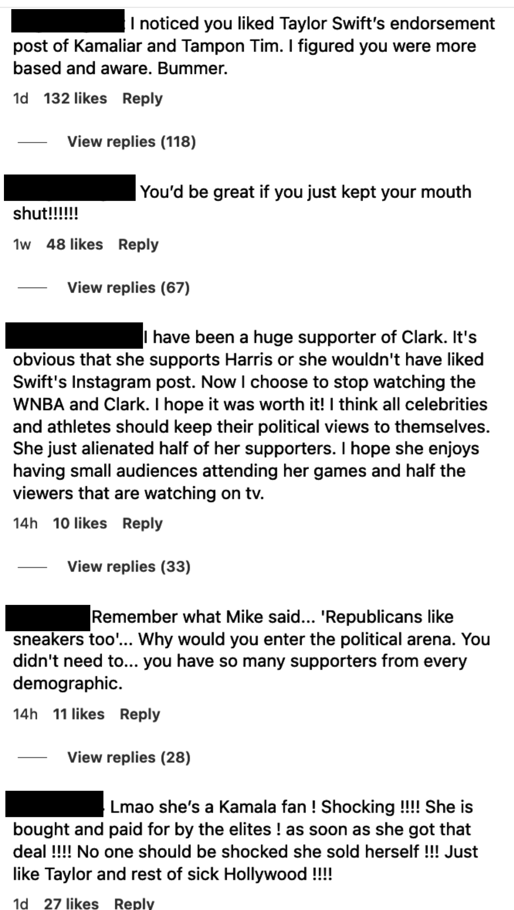 Screenshot of a Facebook comment section discussing Taylor Swift's endorsement of Kamala Harris, with multiple users expressing various opinions on the topic