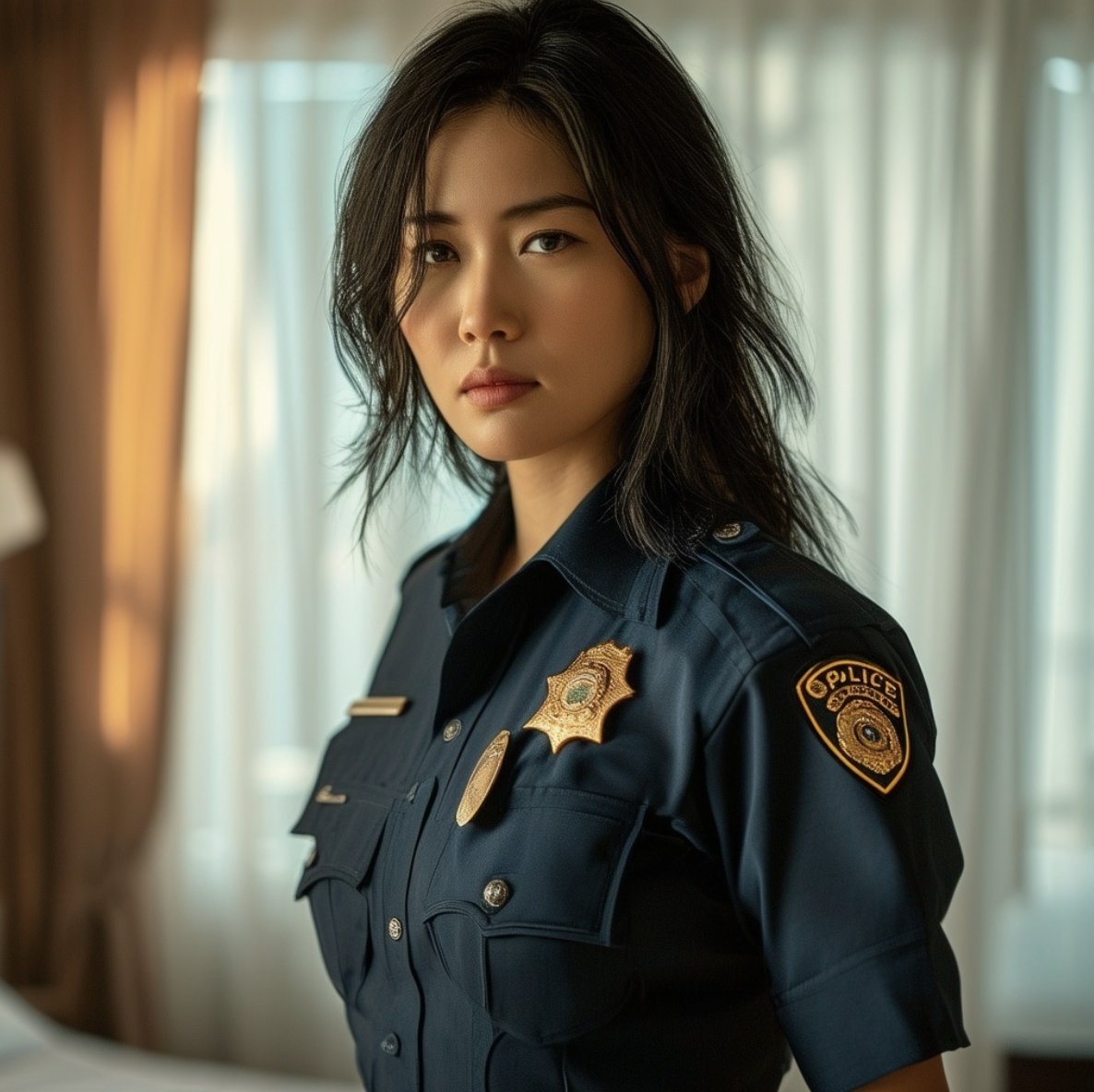 A woman in a police uniform stands confidently indoors. Her badge and shoulder patch are visible, suggesting her role in law enforcement