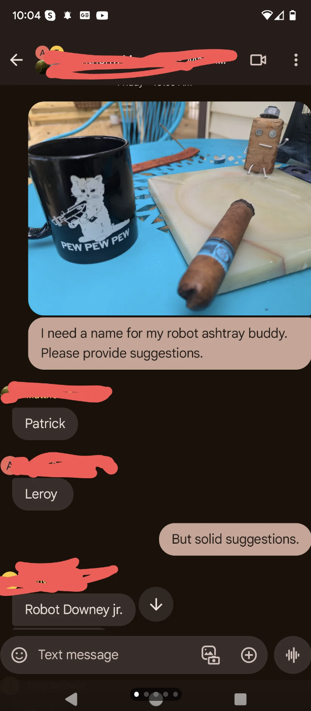 Family group chat about naming a block ash tray