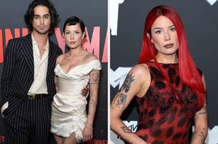 Avan Jogia in a pinstripe suit with Halsey in an off-shoulder satin dress (left). Halsey with long red hair in a patterned dress (right)