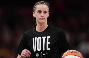 Sabrina Ionescu holding a basketball and wearing a black shirt with the word "VOTE" in large white letters