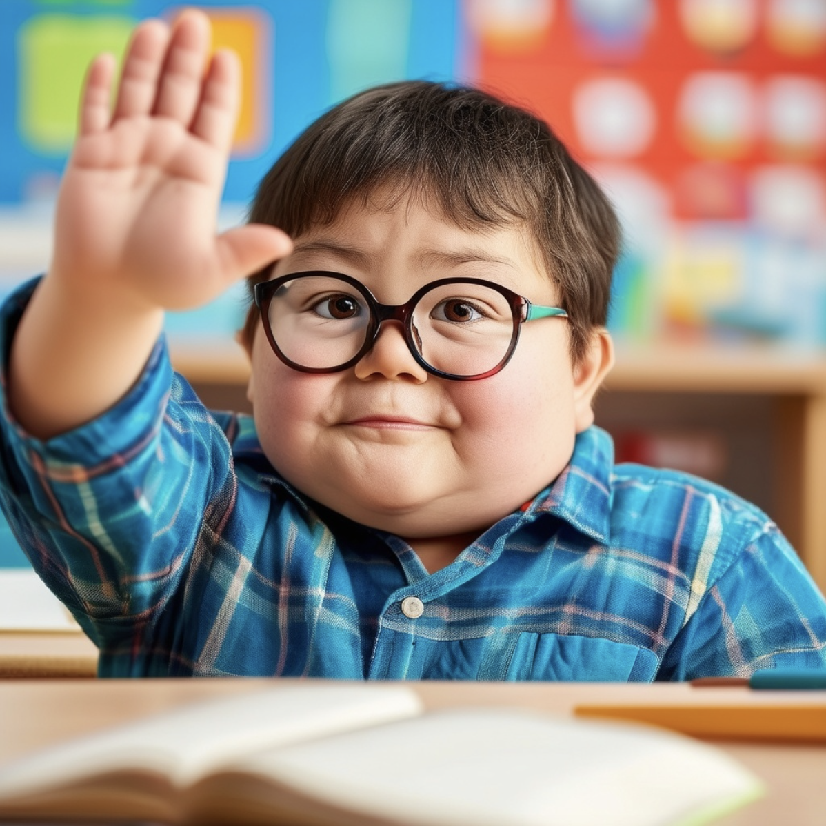A young child with glasses, wearing a checkered shirt, raises their hand in a classroom setting with books on the desk