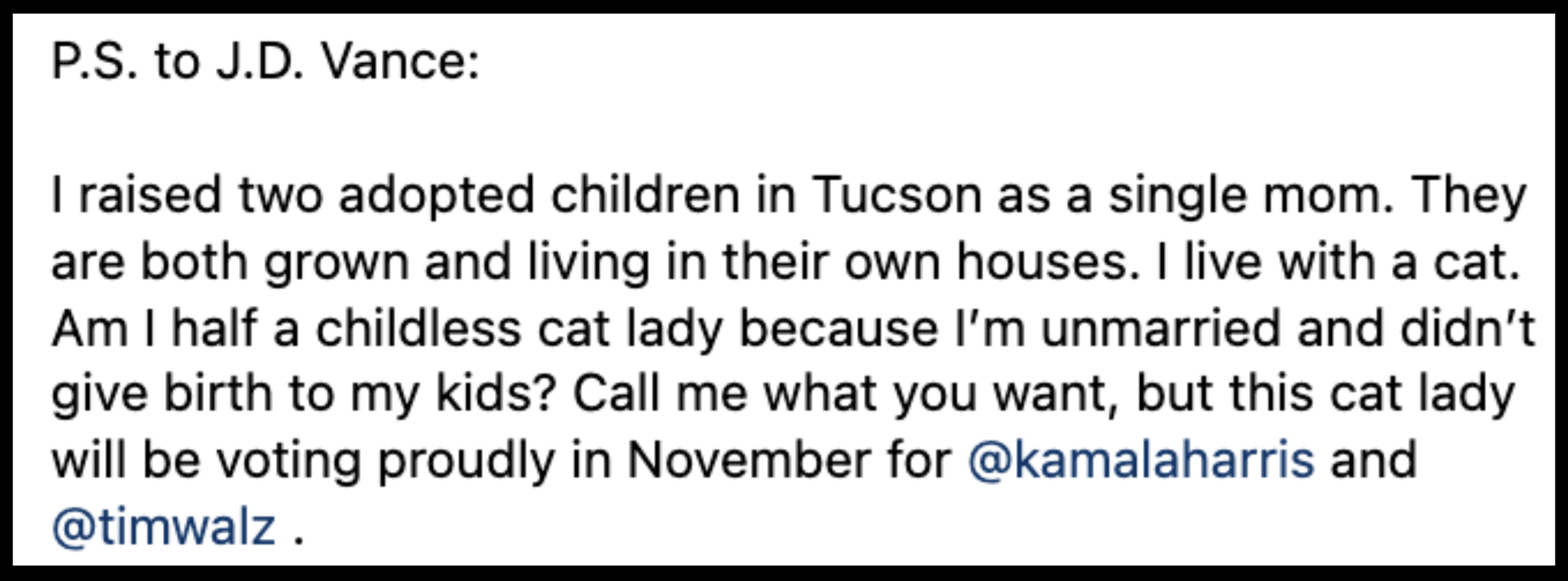 Social media post supporting Kamala Harris and Tim Walz, expressing pride in being a single adoptive mother and a cat owner