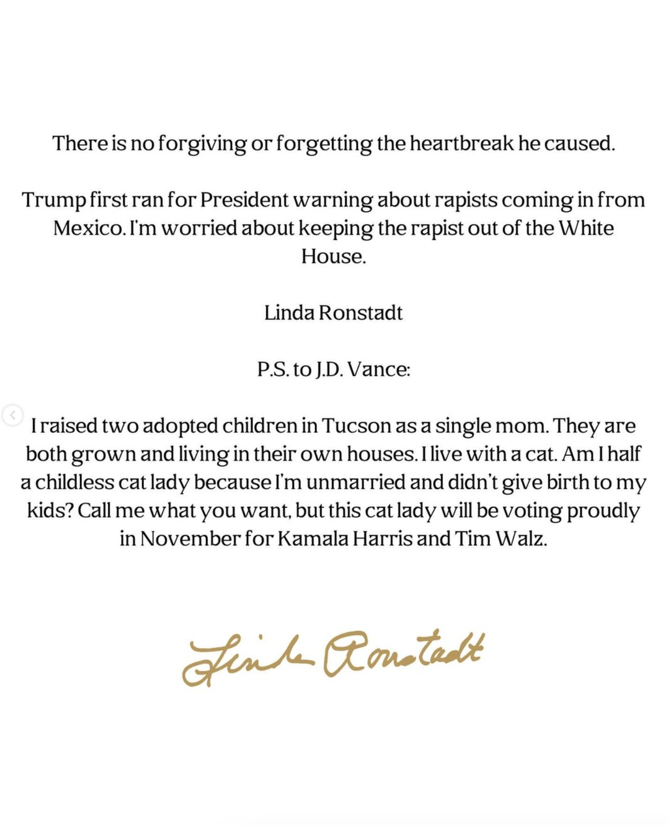 Linda Ronstadt's open letter addressing J.D. Vance and concerns about Donald Trump, referencing her two adopted children, and supporting Kamala Harris and Tim Walz