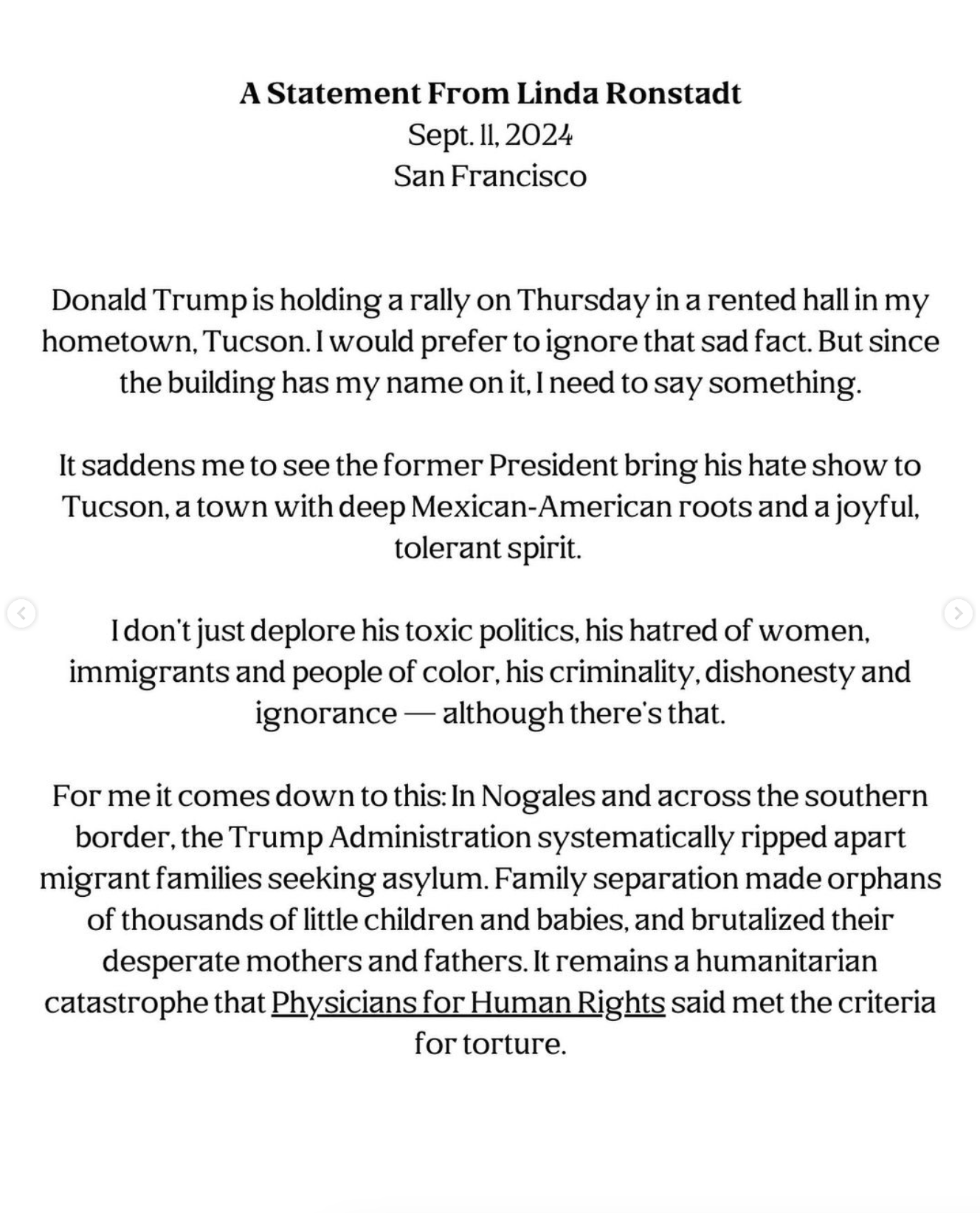 Statement from Linda Ronstadt opposing Donald Trump's visit to Tucson, highlighting Trump's mistreatment of immigrants and people of color, and condemning his border policies