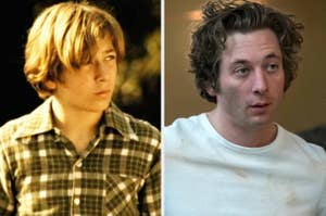 Two side-by-side photos of Jeremy Allen White, one from his youth in plaid, and a recent one with messy hair in a white shirt