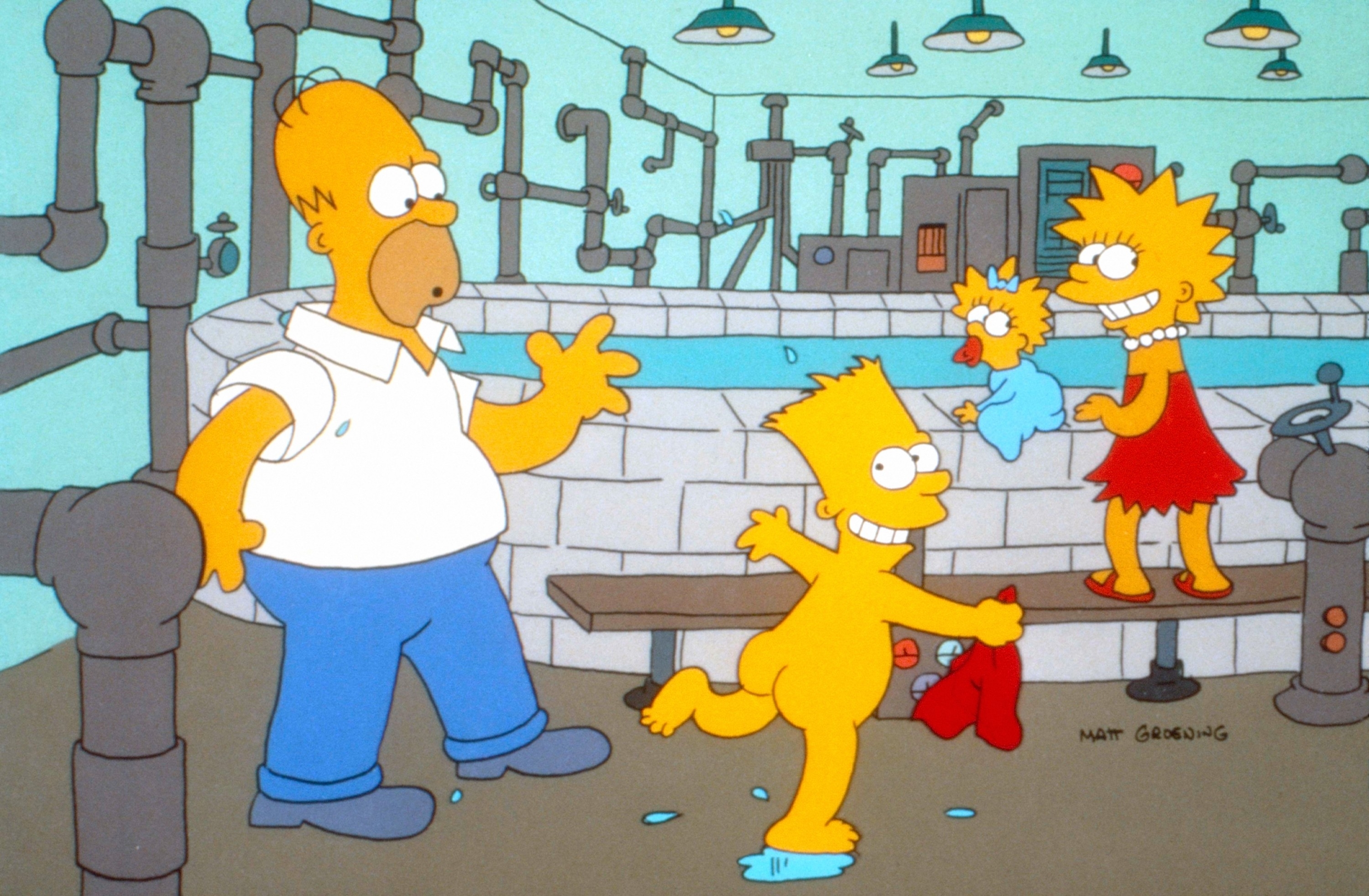 Homer, Bart, Maggie, and Lisa Simpson are in a room with numerous pipes. Bart is naked and holding a red towel. Lisa dries Maggie with a blue towel