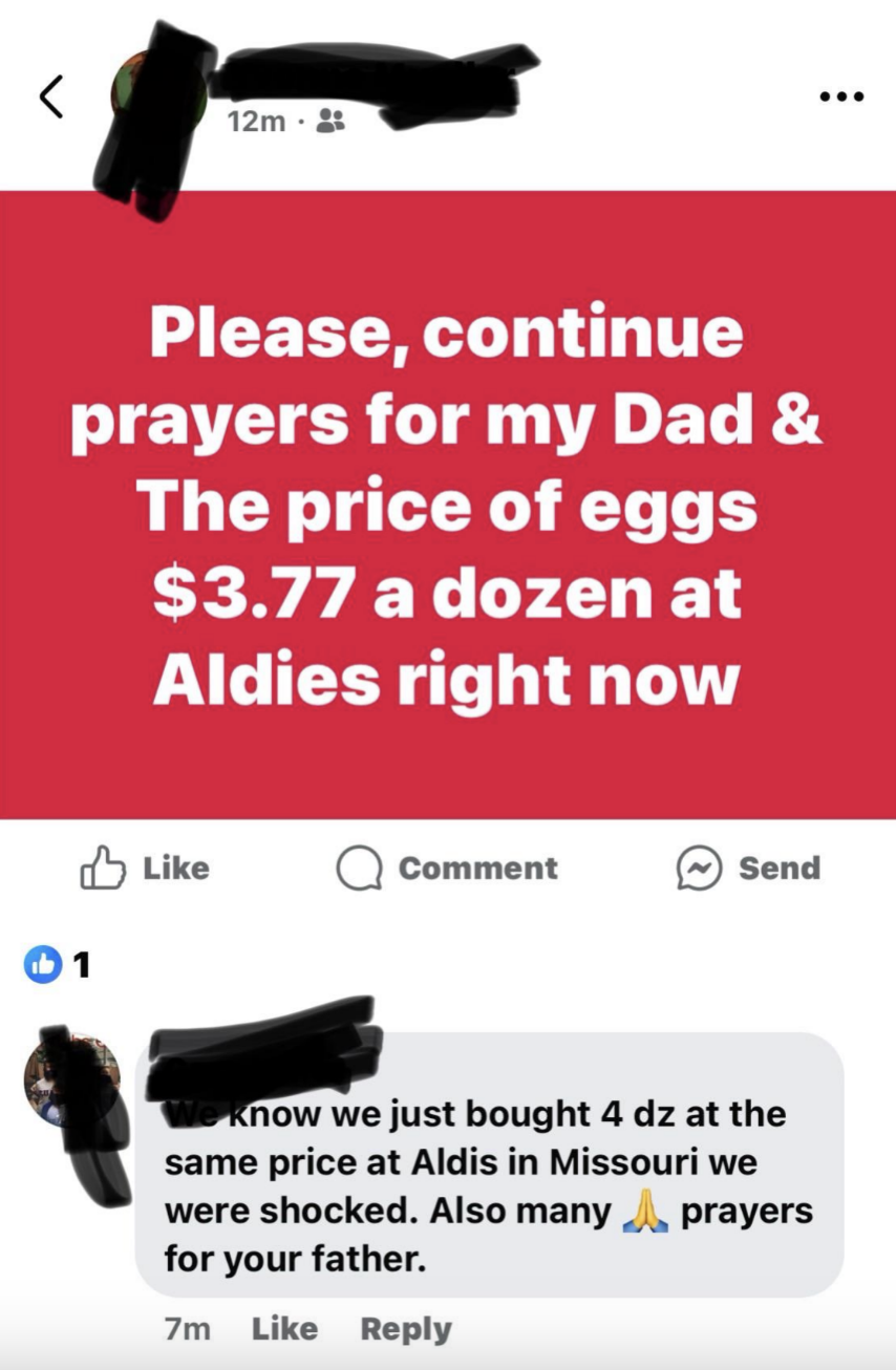 A Facebook post reads, "Please, continue prayers for my Dad &amp;amp; The price of eggs $3.77 a dozen at Aldis right now." A comment below mentions buying eggs at the same price and offers prayers