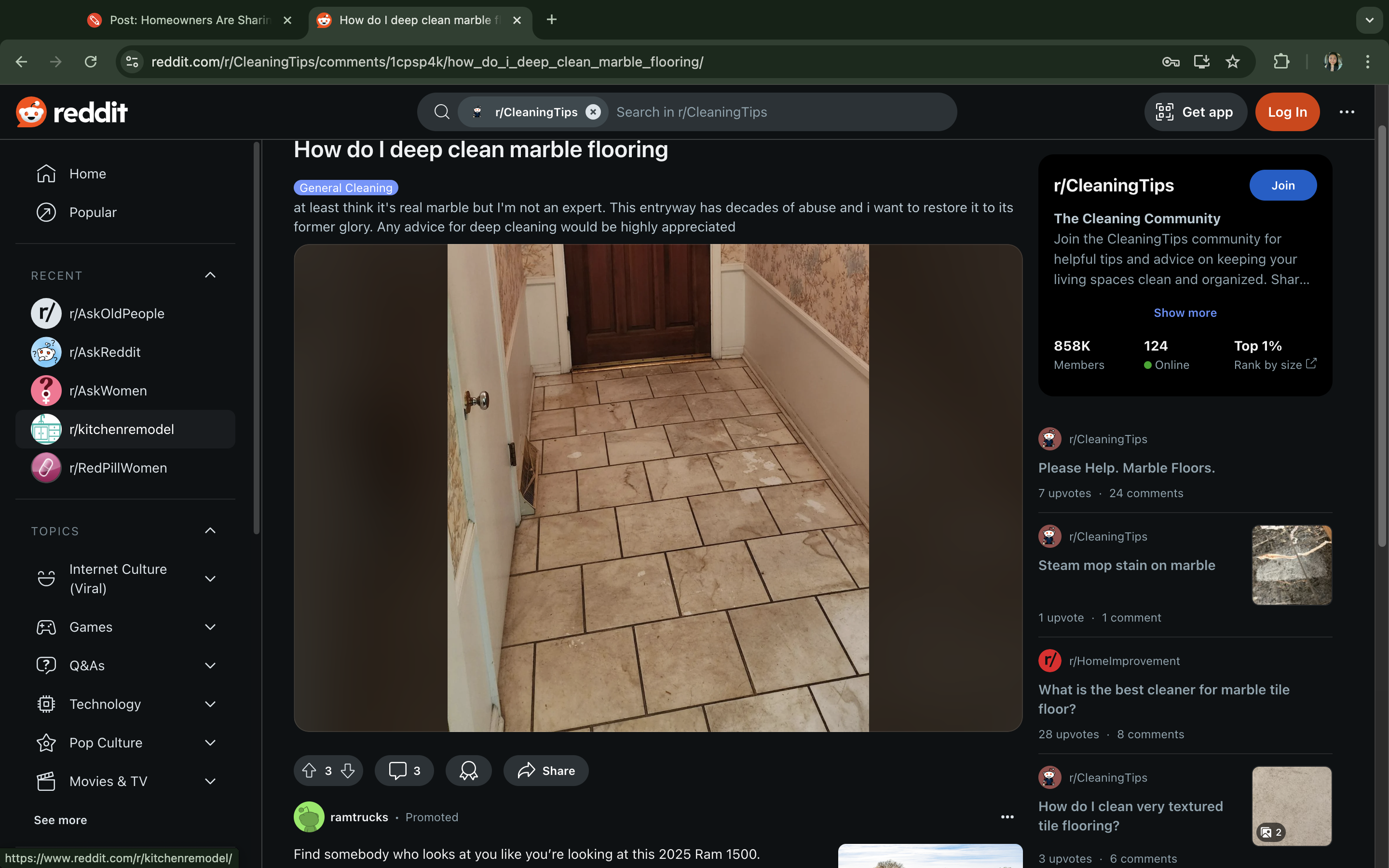 Screenshot of a Reddit post titled "How do I deep clean marble flooring?" in the r/CleaningTips community, with responses and engagement statistics visible