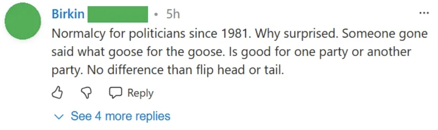 A comment mentioning political normalcy since 1981, questioning surprise, and stating fair treatment for all parties