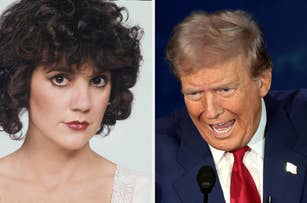 Linda Ronstadt looking at the camera in a portrait; Donald Trump speaking at a podium during an event