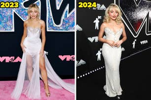 Sabrina Carpenter stands on the red carpet at the MTV VMAs in 2023 wearing a sheer, thigh-high slit dress, and in 2024 wearing a strapless, glittery gown