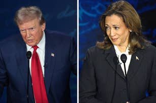 Donald Trump and Kamala Harris are at separate podiums during a public appearance, both wearing formal dark suits and speaking into microphones