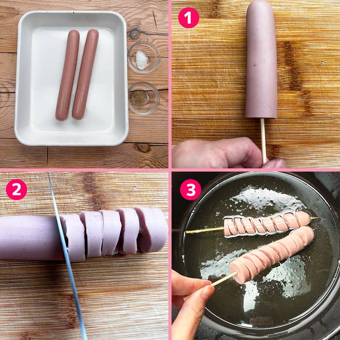 食材を串に刺し、スライスし、油で揚げる手順を説明する画像。