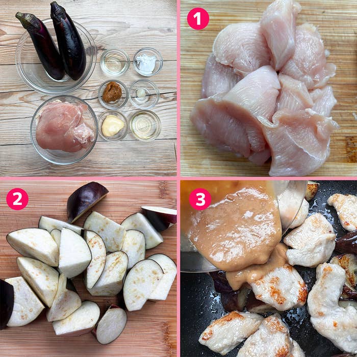 鶏むね肉、片栗粉、塩、砂糖、味噌、醤油、みりん、ナスの調理過程。1: 鶏肉を切る。2: ナスを切る。3: 鶏肉とナスにソースを加える。