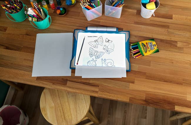 Organized table with coloring pages of butterflies, a folder, crayons, and assorted colored pens successful containers