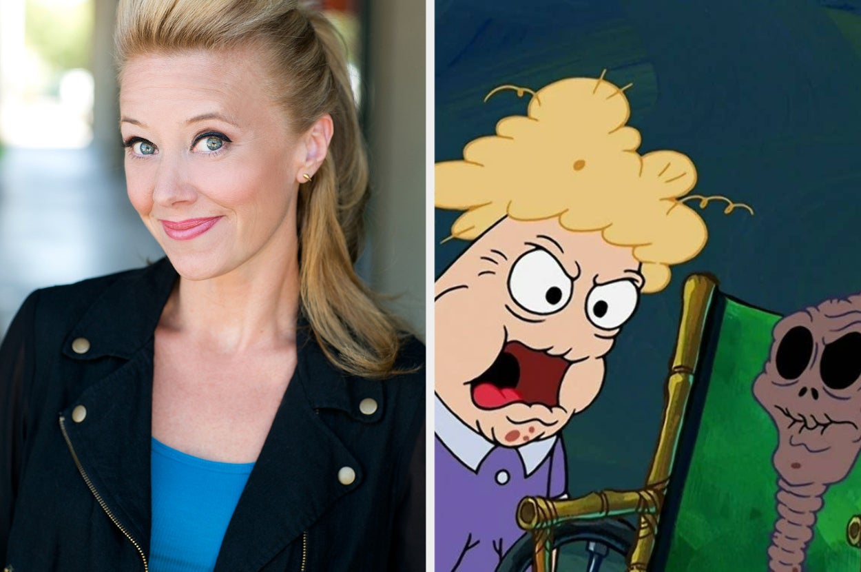 Sirena Irwin smiles in a casual outfit; next to her is a cartoon image likely from SpongeBob SquarePants with two animated characters mid-interaction