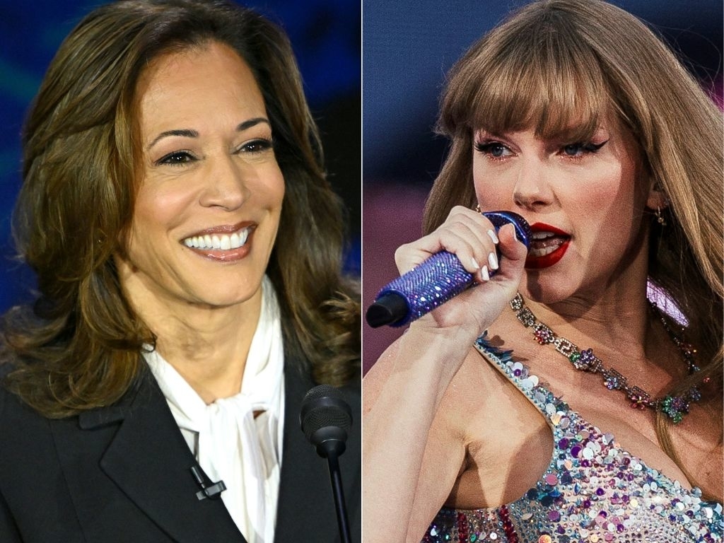 Kamala Harris smiles and speaks at a podium; Taylor Swift sings into a microphone while wearing a sparkly outfit