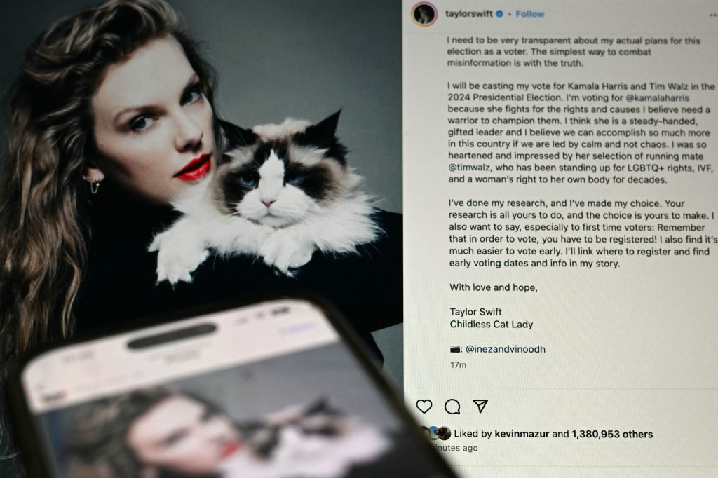 Taylor Swift's Instagram post featuring a photo of her holding a cat. The caption relates to Kamala Harris and Tim Walz in the 2024 Presidential election