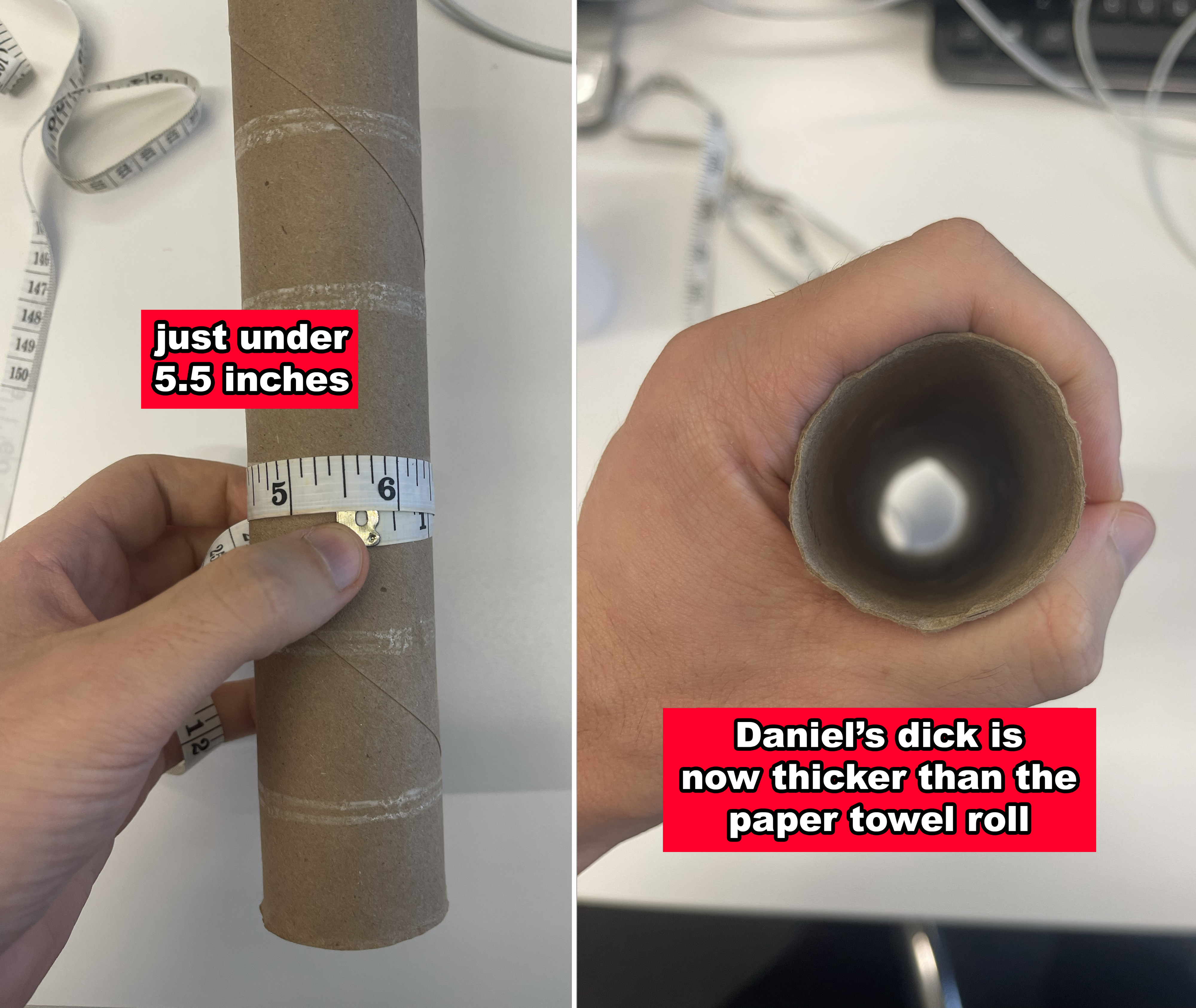 My hand measuring a paper towel holder tube with a tape measure, showing just under 5.5 inches + another photo of me wrapping my hand and fingers around the tube to show how thick it is from a bird's-eye view