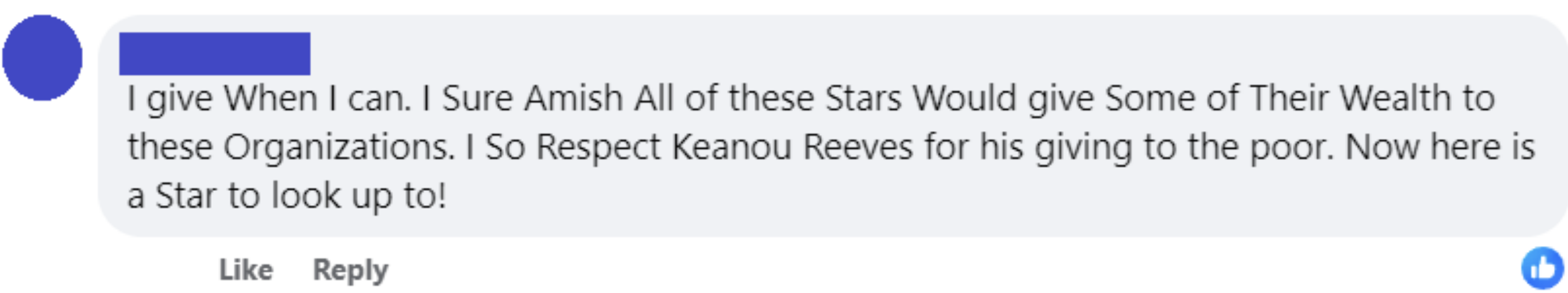 Facebook comment praising Keanu Reeves for his philanthropy and wishing other stars would donate to organizations