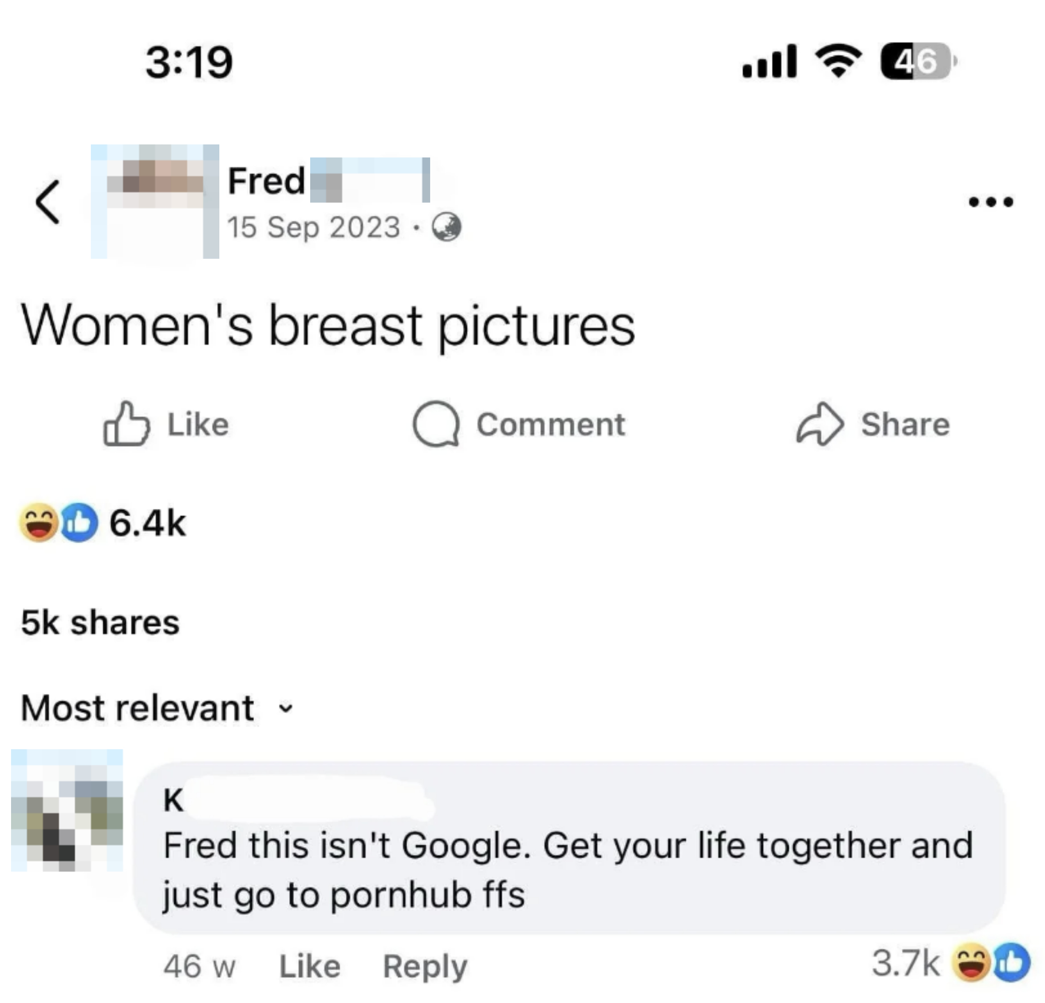 A Facebook post by Fred S asking for "Women's breast pictures." A comment responds, criticizing the post and suggesting visiting a different website
