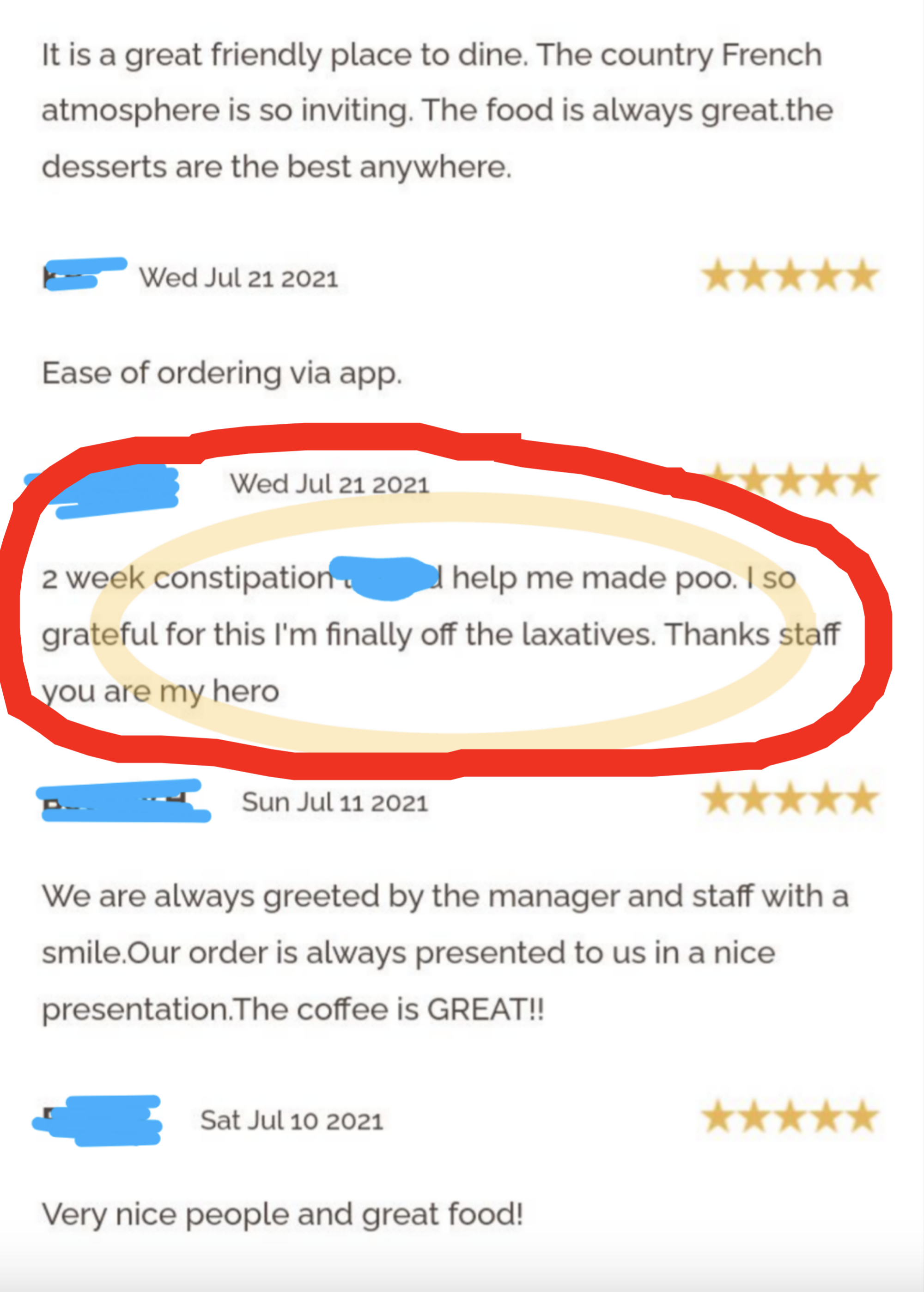 A series of reviews for a restaurant, one of which humorously mentions relief from constipation after a visit. Other reviews praise the food, service, and atmosphere