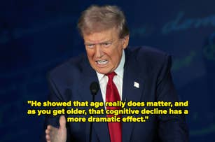 Donald Trump, in a suit and red tie, is speaking animatedly. The quote over the image says, "He showed that age really does matter, and as you get older, that cognitive decline has a more dramatic effect."