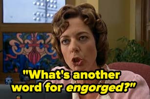 Allison Janney's character from a TV show, speaking animatedly with the text "What's another word for engorged?" displayed on the image