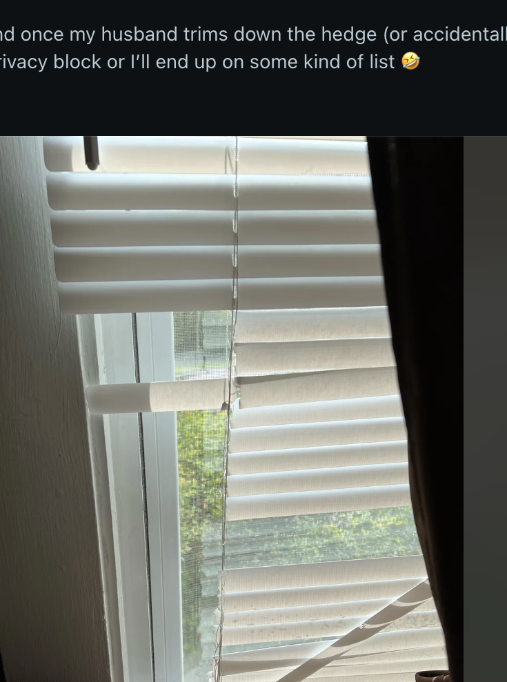 Screenshot of a Reddit post in the HomeMaintenance subreddit. The user asks for alternative cordless blinds shown partially retracted, with a comment section below