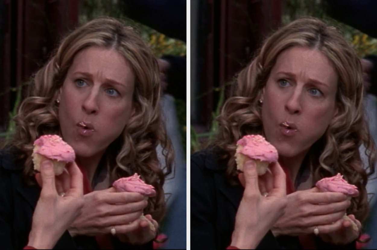 Sarah Jessica Parker humorously eating a pink frosted cupcake, her expression animated, in a scene from "Sex and the City."