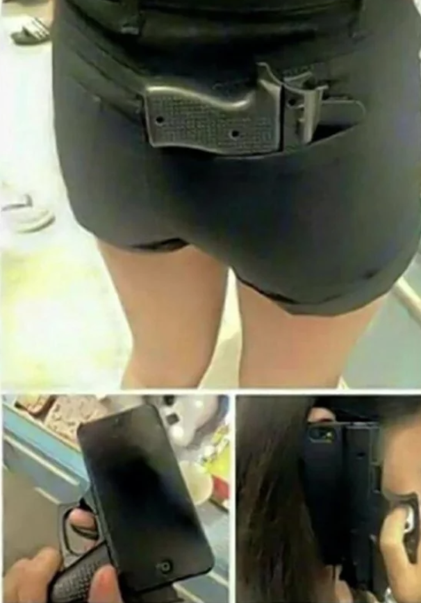 Person using a gun-shaped phone case in three different ways: clipped to shorts, held like a gun, and held to ear like a phone