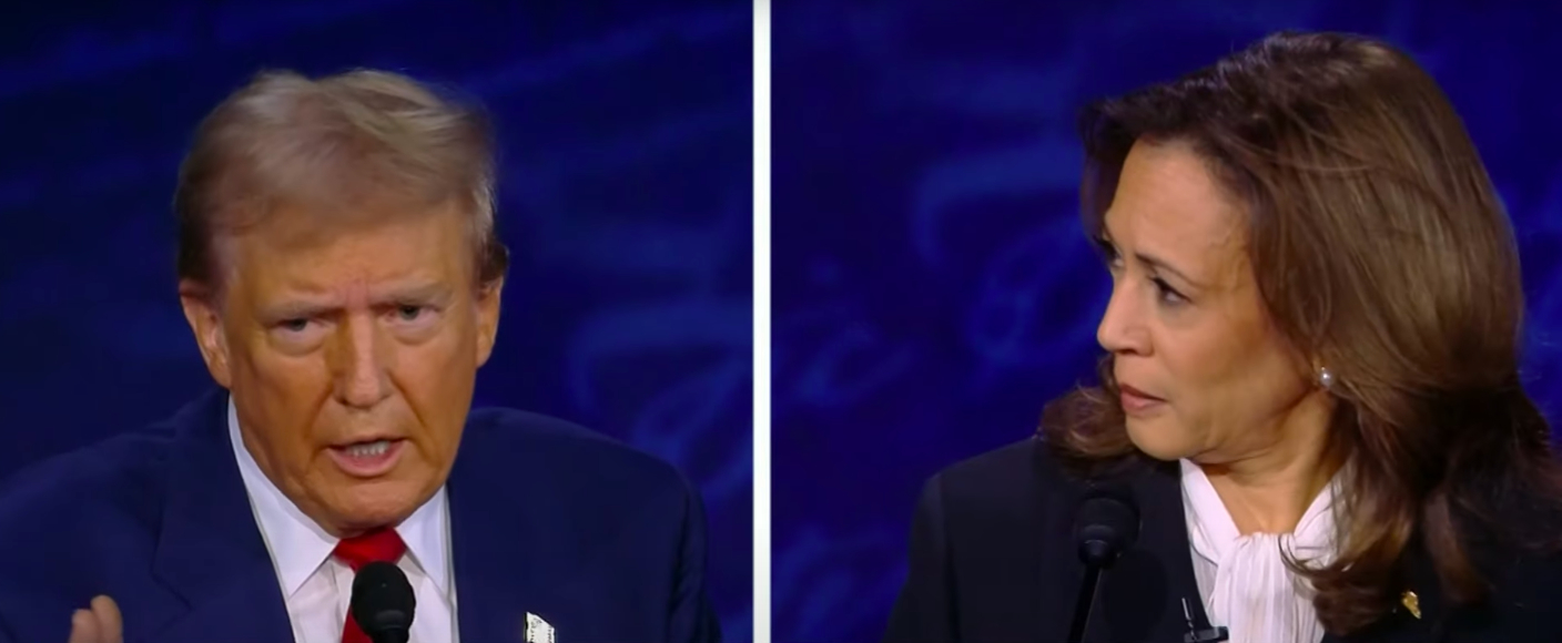 Donald Trump and Kamala Harris are speaking during a debate, each shown in a close-up side-by-side split screen