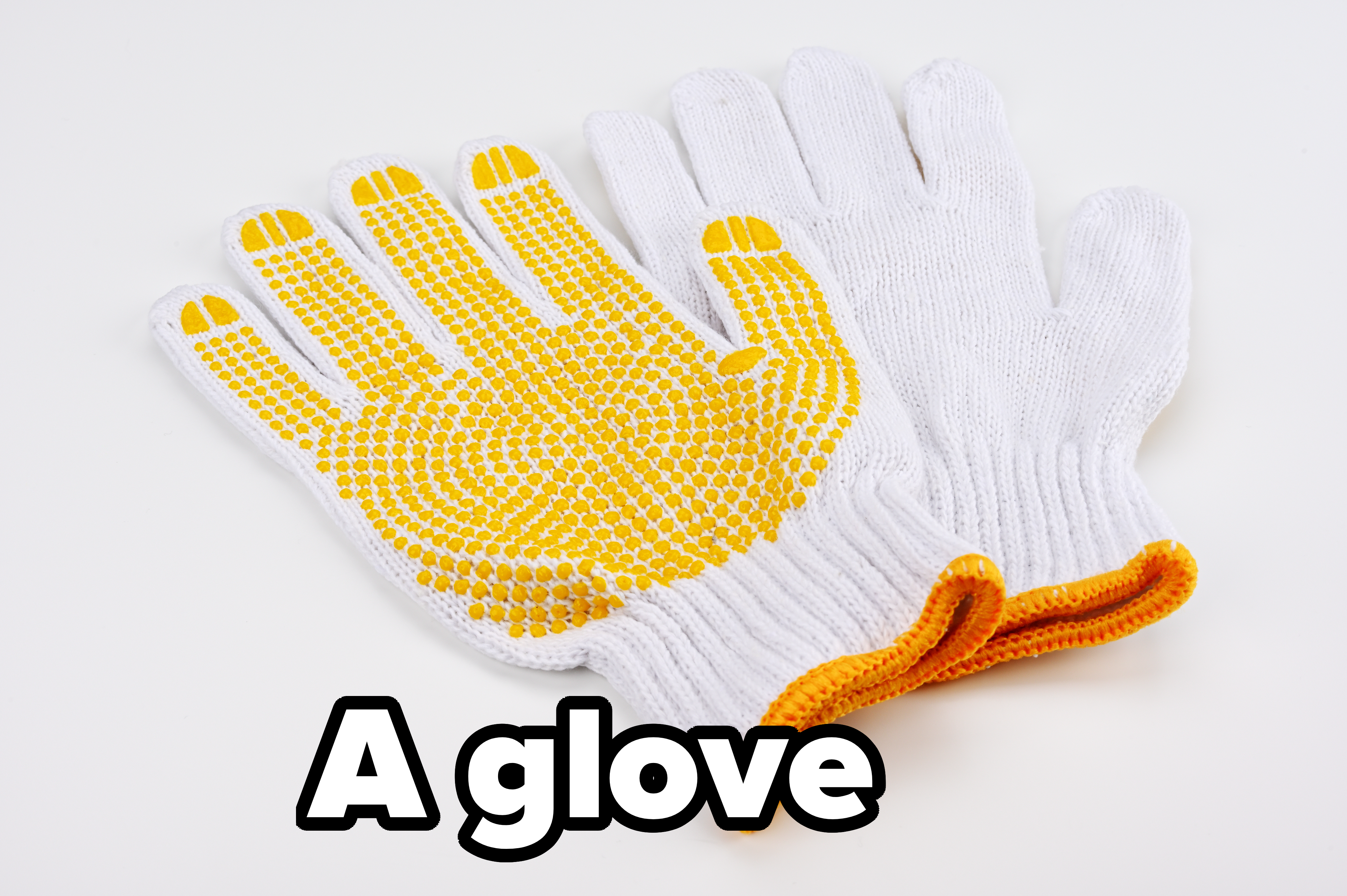 A close-up of two white kitchen gloves with yellow grip patterns on the palms and fingers