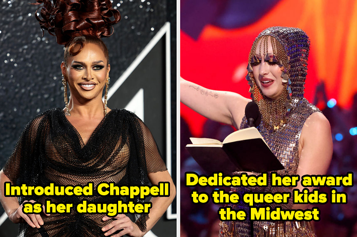 Left image: Drag queen with styled hair on a red carpet, text overlay: “Introduced Chappell as her daughter.”
Right image: Drag queen with headpiece reading from a book on stage, text overlay: “Dedicated her award to the queer kids in the Midwest."